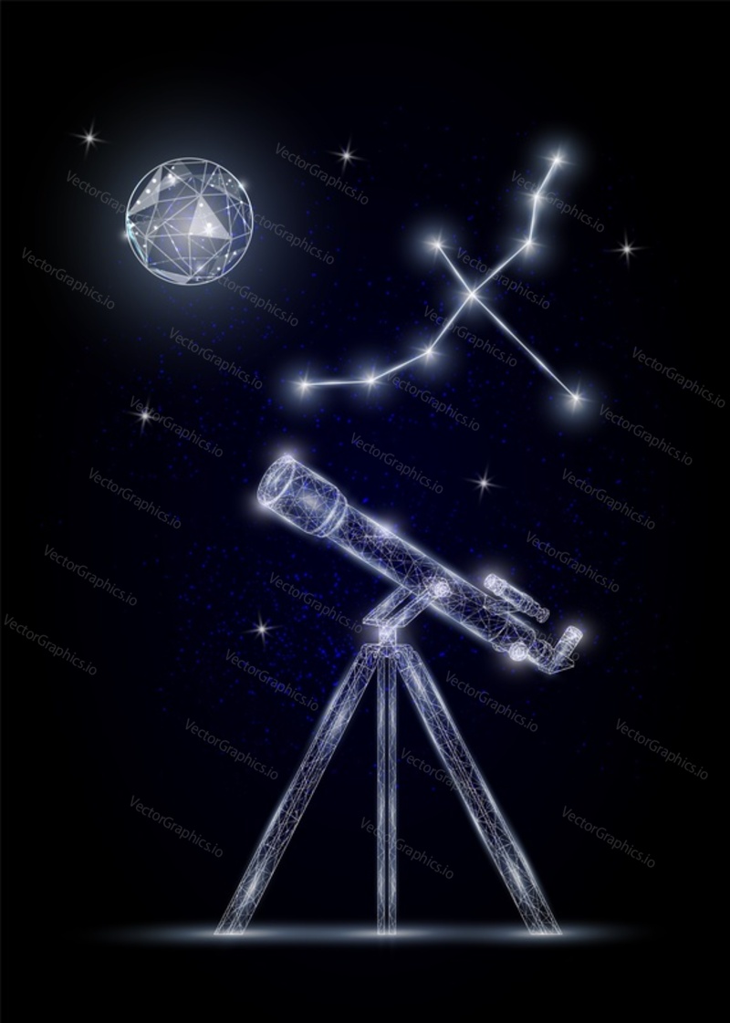 Dalekohled, měsíc a souhvězdí nízké poly drátěné pletivo vyrobené z bodů, čar a tvarů. Vektorové polygonální umění styl ilustrace. Astronomie věda plakát banner šablona.