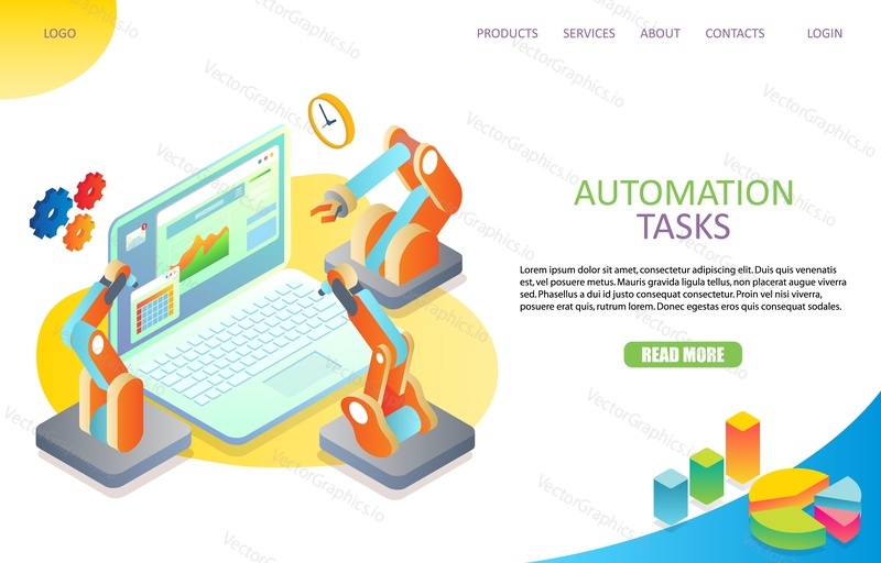 Šablona webových stránek vstupní stránky automatizace úkolů. Vektorové izometrické ilustrace laptop a robot ramena, ozubená kola, hodiny kolem něj. Koncepce automatizace Workflow.