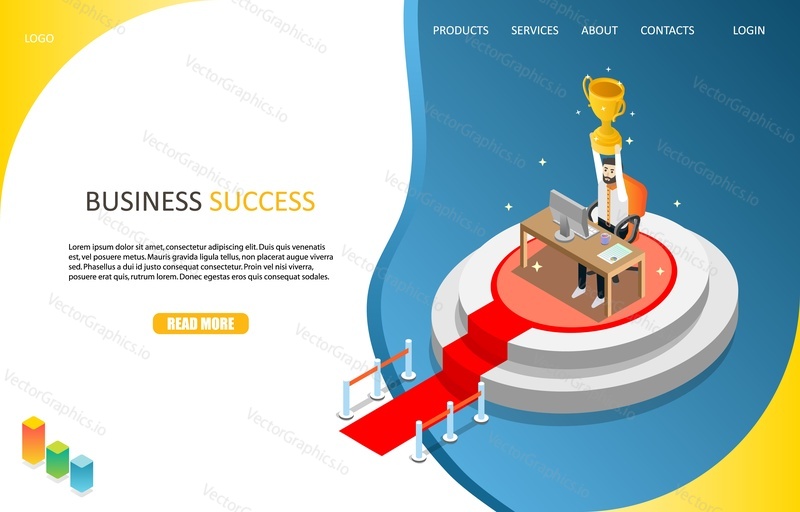 Business success landing page website template. Vector isometric illustration of businessman winner holding award cup in hands above his head while sitting at table on podium with red carpet.