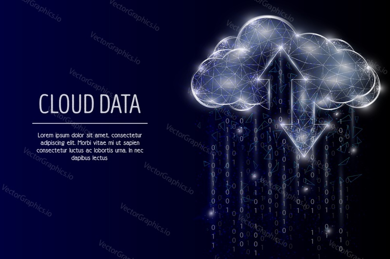 Datové cloudové úložiště nízké poly drátěné pletivo vyrobené z bodů, čar a tvarů. Vektorové polygonální umění styl ilustrace. Cloud technologie plakát banner šablona.
