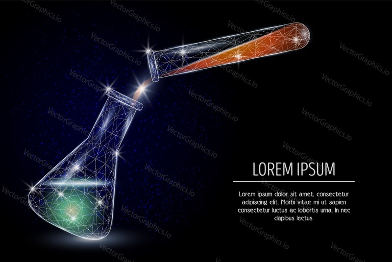 Chemické laboratorní zkumavky nízké poly drátěné pletivo vyrobené z bodů, čar a tvarů. Vektorové polygonální umění styl ilustrace. Chemie Věda plakát banner šablona.