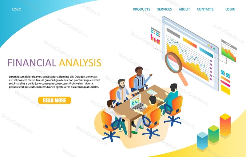 Financial analysis landing page website template. Vector isometric illustration. Company investment audit, data analysis, financial research concept.