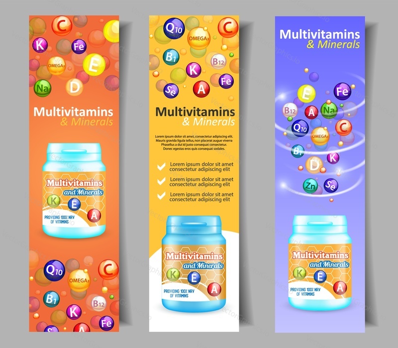 Vitamin and mineral complex vector banner set. Multivitamin falling balls and plastic bottle with label. Dietary supplement with vitamins and minerals.