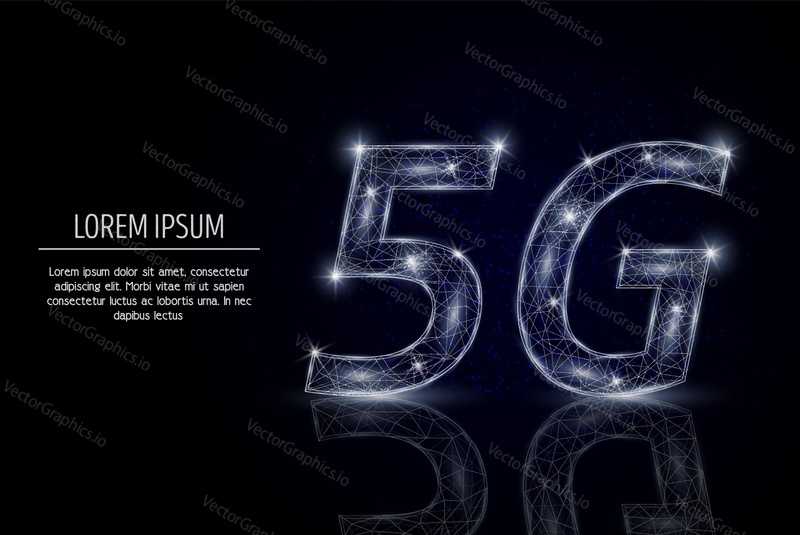 5G WiFi sign низкополигональная каркасная сетка, состоящая из точек, линий и форм. Векторный дизайн в стиле полигонального искусства. Шаблон плаката-баннера с подключением к беспроводной сети Интернет 5G с местом для копирования.