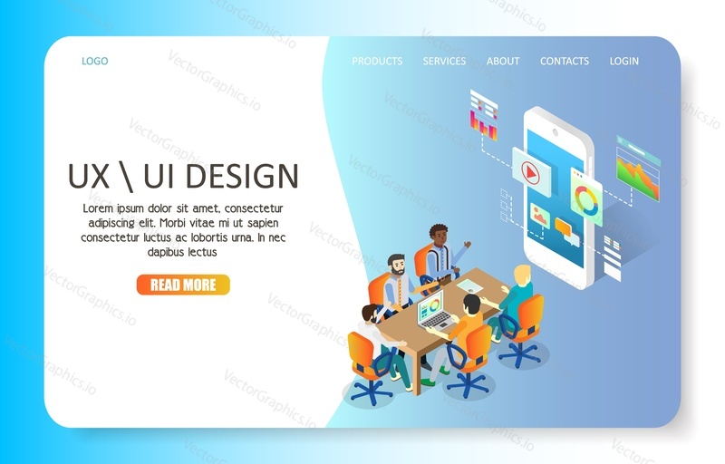 Шаблон веб-сайта с дизайном целевой страницы UX или пользовательского интерфейса. Векторная изометрическая иллюстрация. Концепция разработки пользовательского интерфейса мобильного приложения.