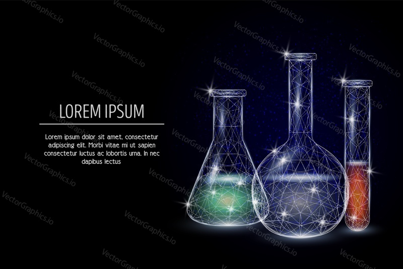 Test lab flasks low poly wireframe mesh made of points, lines and shapes. Vector polygonal art style design. Chemistry poster banner template with copy space.