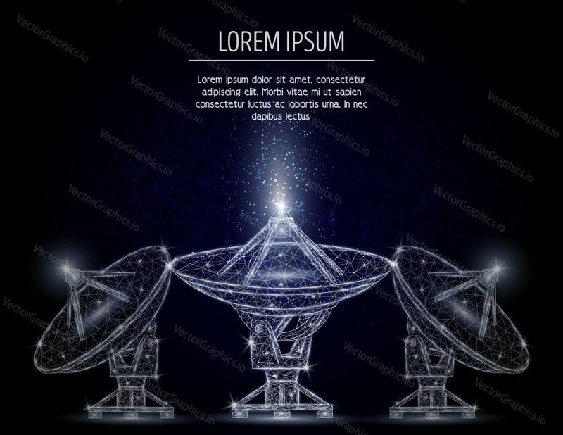 Radio telescope low poly wireframe mesh made of points, lines and shapes. Vector polygonal art style illustration. Satellite dish with antenna used to observe radio waves coming from space.