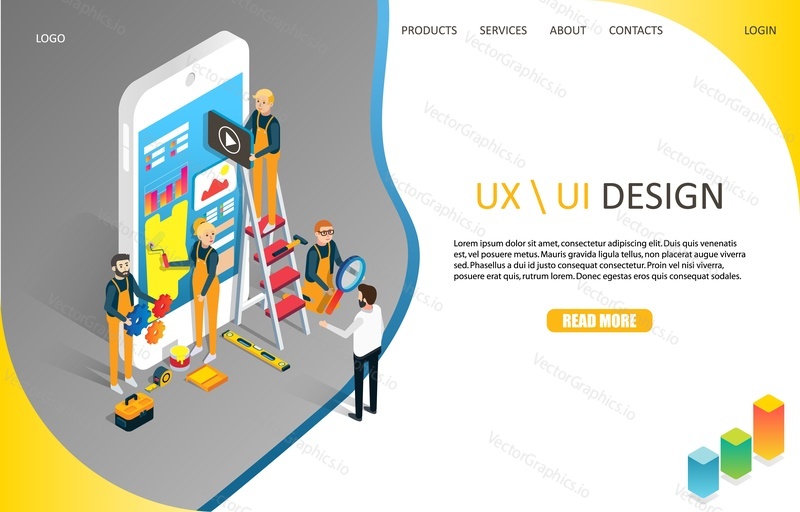 Шаблон веб-сайта с дизайном целевой страницы UX или пользовательского интерфейса. Векторная изометрическая иллюстрация. Концепция разработки пользовательского интерфейса мобильного приложения.
