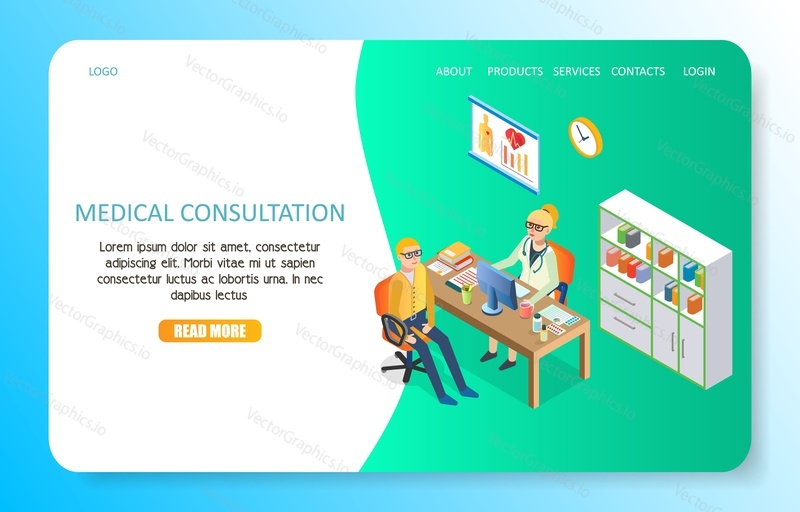 Medical consultation landing page website template. Vector isometric illustration of practitioner doctor and patient in medical clinic.