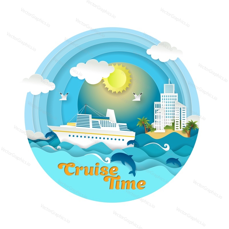 Cruise čas Vektorové papír snížit ilustrace. Výletní loď plovoucí na oceánských vlnách, delfínech, raccích, ostrovech, turistických střediscích. Plavba po moři, letní plavba.