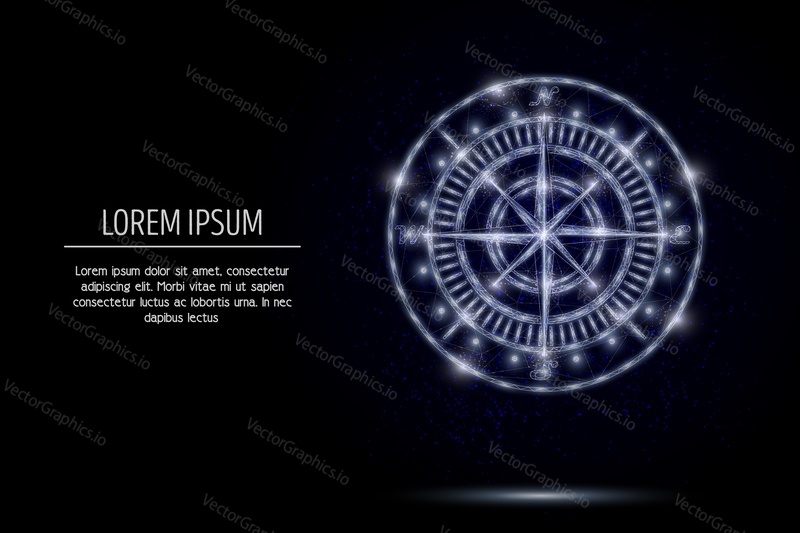Compass rose low poly wireframe mesh made of points, lines and shapes. Vector polygonal art style design. Poster banner template with copy space.