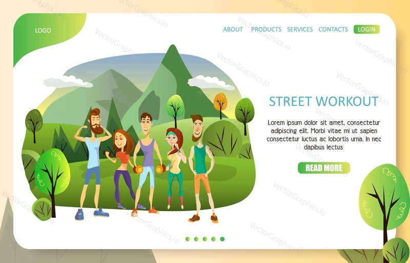 Street workout landing page website template. Vector illustration of young people doing exercises with dumbbells, showing their strength and arm muscles. Training outside, street fitness concept.
