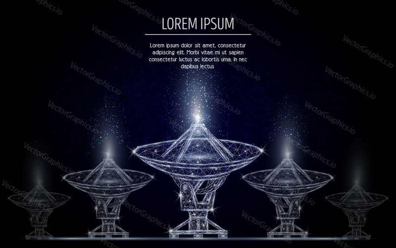Radioteleskop nízké poly drátěné pletivo vyrobené z bodů, čar a tvarů. Vektorové polygonální umění styl ilustrace. Astronomie věda plakát banner šablona.