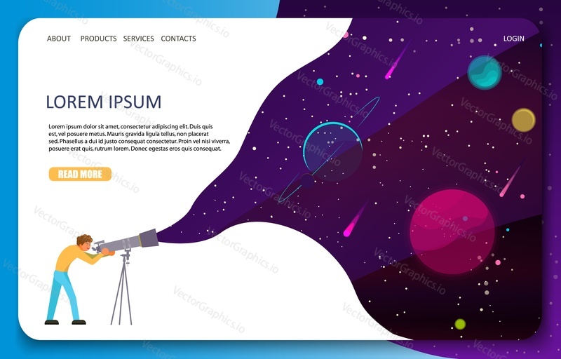 Prostor web banner šablony. Vektorové ilustrace člověka vidí hvězdy, planety pomocí optického dalekohledu. Koncept astronomické vědy.