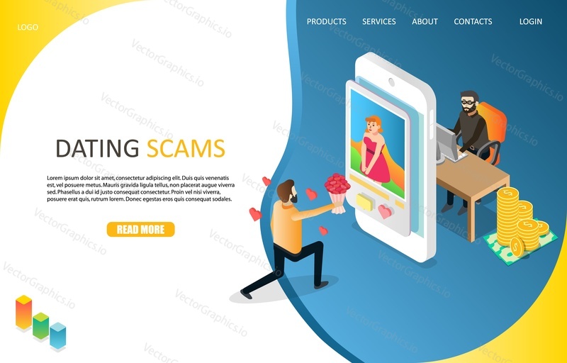 Dating scams landing page website template. Vector isometric illustration. Online dating fraud concept.
