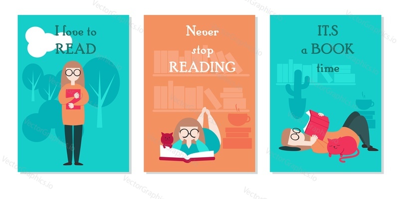 Vector card set with young woman reading book while standing, lying at home and outside and inspirational quotes about reading. Flat style design