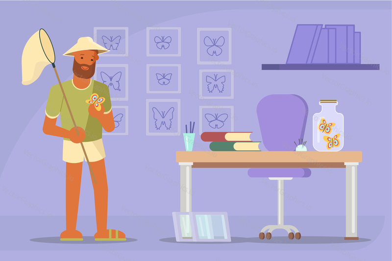 Bearded man butterfly collector or catcher with butterfly net. Vector illustration in flat style. Butterfly collecting hobby concept design element.