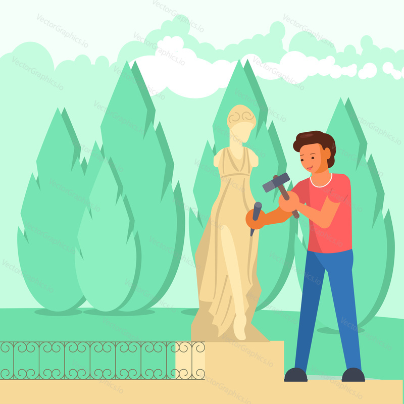 Young man sculptor carving sculpture of woman in park using chisel and hammer. Vector illustration in flat style. Craft hobby concept design element.