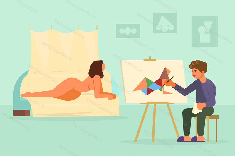 Mladý muž malíř umělec kubistické kreslení z nude model. Vektorové ilustrace v plochém stylu. Hobby a malba Art concept designový prvek.
