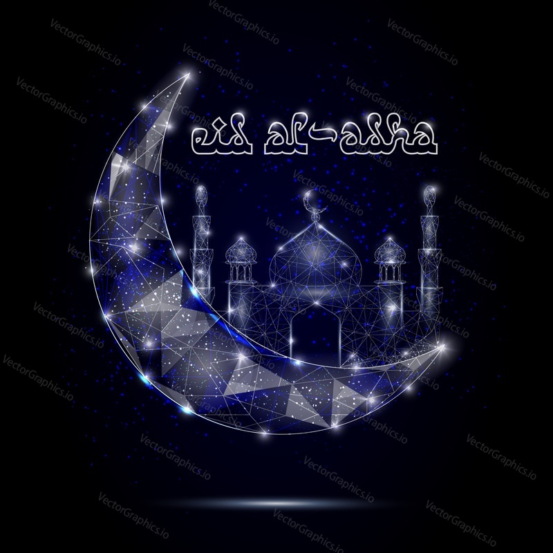 Eid al-adha or festival of sacrifice islamic holiday greeting card vector design template. Crescent moon, mosque and eid al-adha lettering. Polygonal art with scattered particles and light effects.