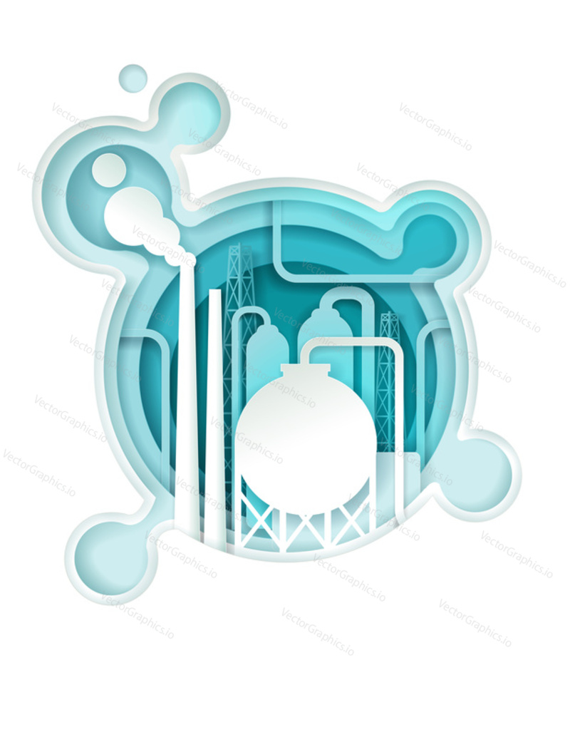 Chemical industry poster banner template. Vector illustration in paper art style. Chemical plant pipe with huge cloud of acid.