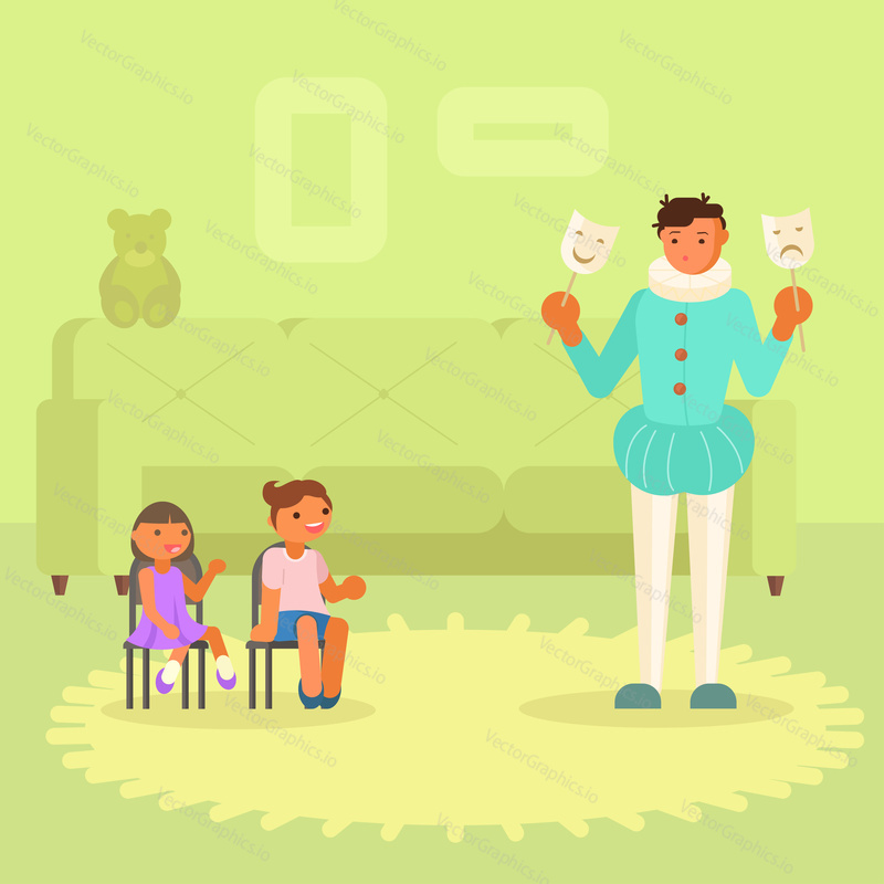 Amateur actor with comedy and drama theater masks acting for kids at home. Vector illustration in flat style. Performing arts hobby concept design element.