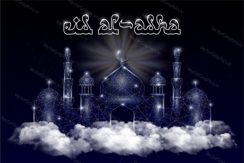 Eid al-adha or festival of sacrifice islamic holiday greeting card vector design template. Mosque, clouds and eid al-adha lettering. Polygonal art style with scattered particles and light effects.