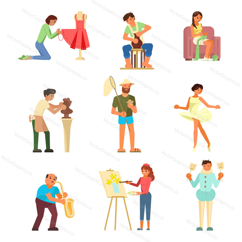 Skupina lidí se těší jejich koníčky vektorové ploché ilustrace. Šití, keramika, pletení, sochařství, sbírání motýlů, baletní tanec, hra na saxofon, Malba a amatérské divadlo.
