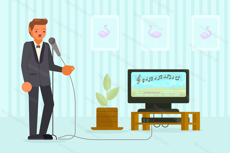 Young man singing karaoke. Vector illustration in flat style. Music, performing arts hobby concept design element.