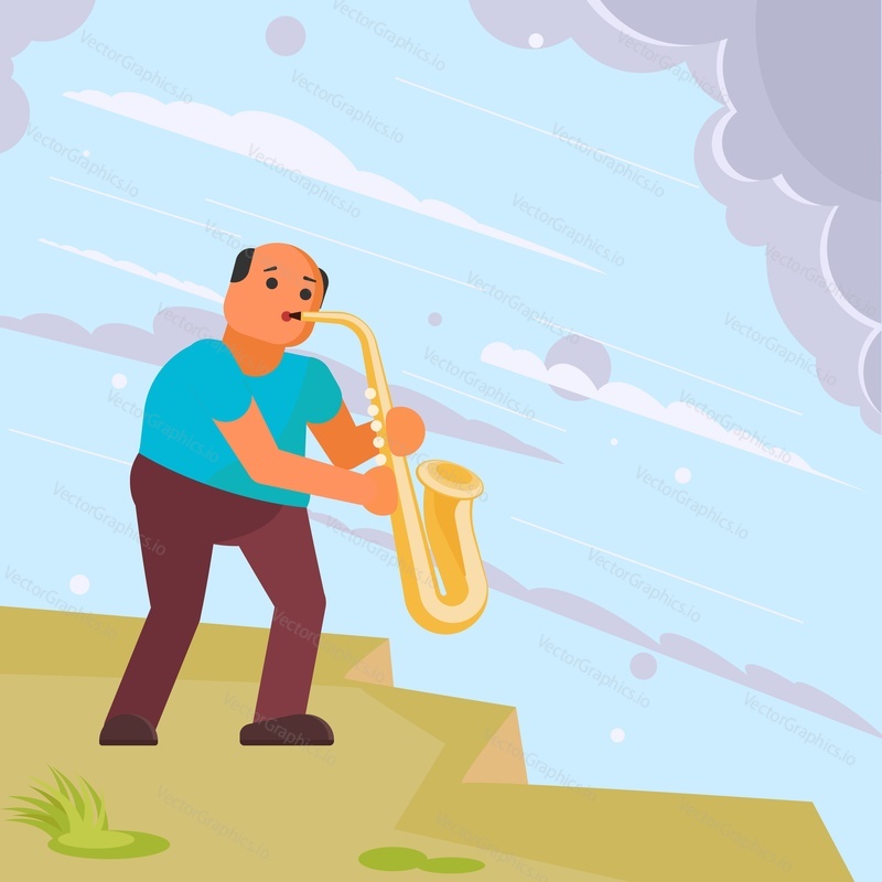 Musician playing saxophone in the street. Vector illustration in flat style. Street musician sax player. Music hobby concept design element