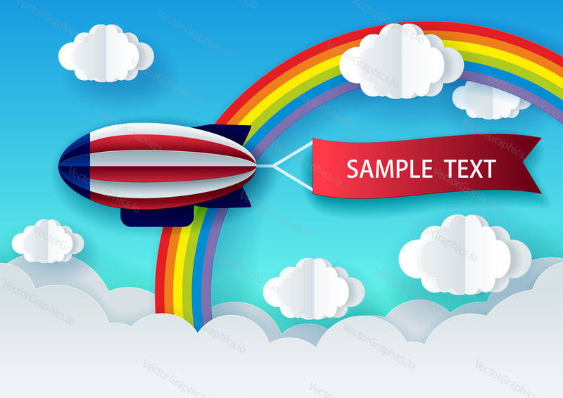 Airship with red ribbon rainbow and clouds in the sky. Vector illustration in paper art style. Travel poster banner design template.