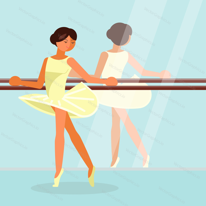 Beautiful young girl ballet dancer training in front of mirror. Vector illustration in flat style. Performing arts hobby concept design element.