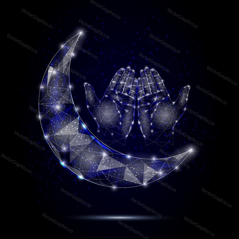 Vector polygonal art style muslim prayer hands with crescent moon. Low poly wireframe mesh with scattered particles and light effects on dark blue background. Greeting card poster banner template.