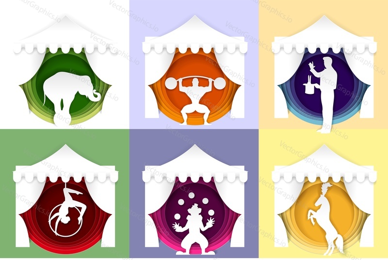 Circus poster, banner, logo, card template set. Vector paper cut bodybuilder with barbell, magician performing trick, clown juggling balls, aerial acrobatic and circus animal show.