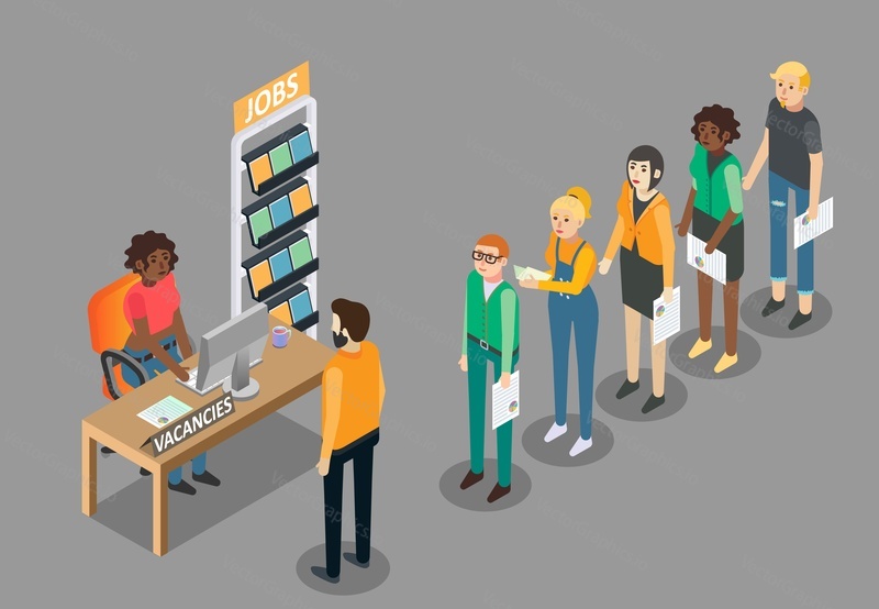 Job search concept vector flat isometric illustration. Woman sitting at desk with computer and vacancy sign next to jobs promotional stand and people searching for job.