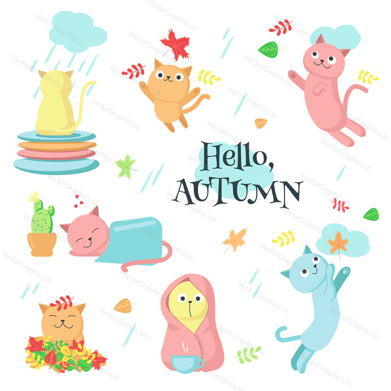 Autumn cute cat icon set for greeting card, invitation, poster, sticker, print. Vector isolated illustration of funny kittens sitting, sleeping, jumping, drinking tea, getting wet under rain.