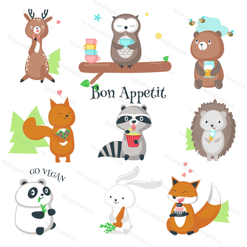 Cute animals with food and drink icon set. Vector illustration of funny hedgehog fox bear squirrel owl raccoon rabbit deer and panda eating their favourite food isolated on white background.