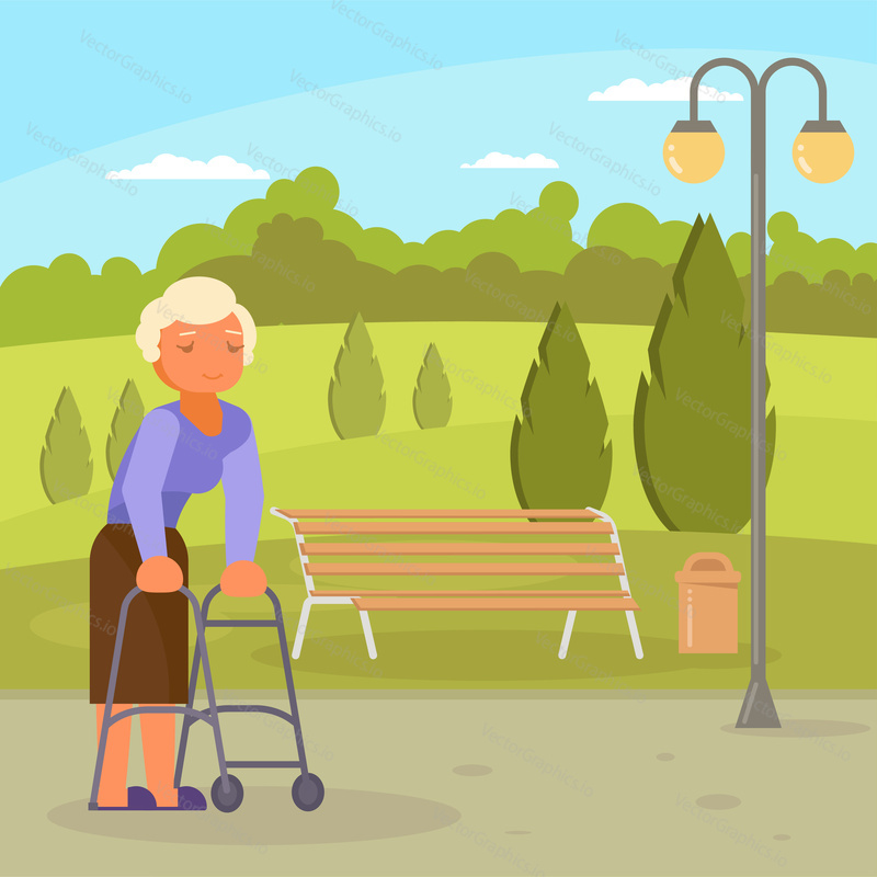 Invalidní senior žena chůze s kolovým chůze rámu v parku. Vektorové ploché styl designu ilustrace.