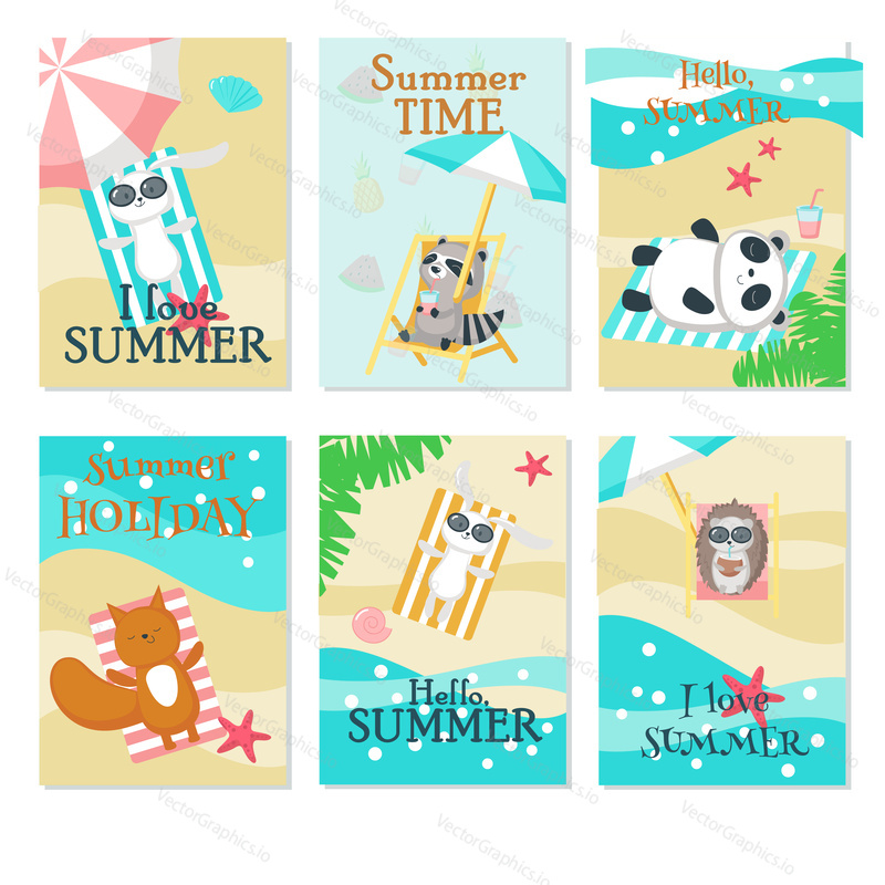 Vector set of cards with wild animals taking rest on beach and handwritten summer quotations. Vector illustration of funny hedgehog squirrel owl raccoon rabbit and panda enjoying summer beach holidays