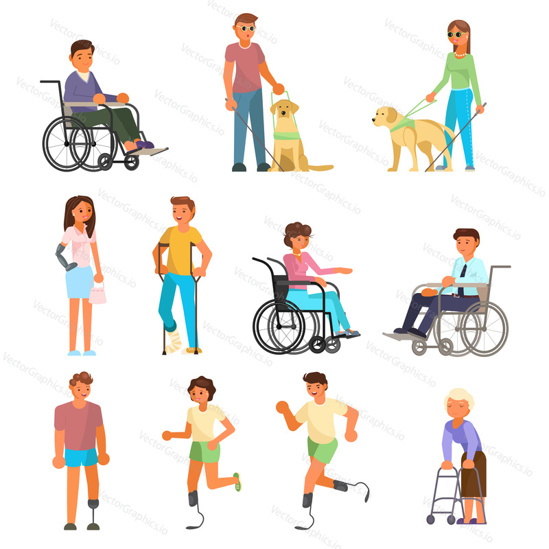 Disabled people icon set. Vector flat illustration isolated on white background. People using mobility aids walking frame, wheelchair, runner blades, crutches, prosthesis. Blind with stick, guide dog.