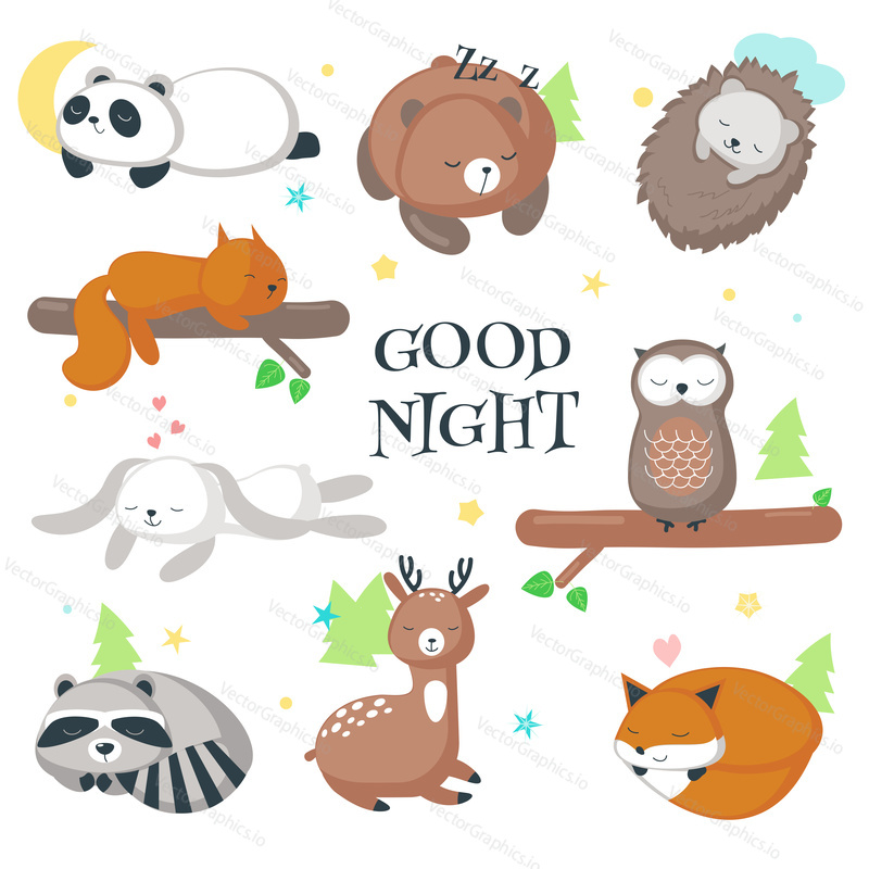 Cute sleeping wild animals icon set. Vector illustration of funny hedgehog fox bear squirrel owl raccoon rabbit deer and panda isolated on white background.