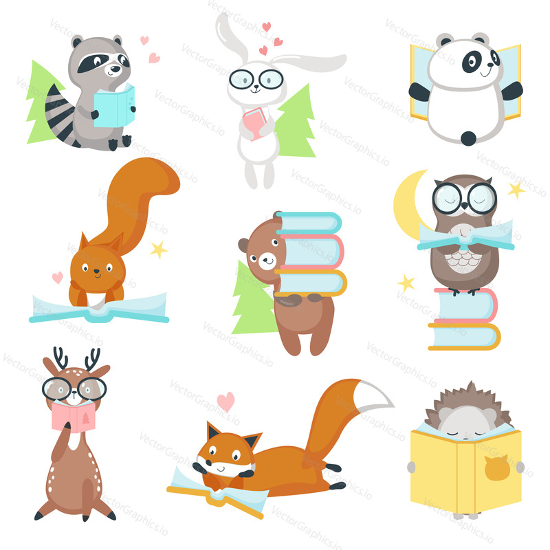 Cute wild animals with books icon set. Vector illustration of funny hedgehog fox bear squirrel owl raccoon rabbit deer and panda reading books isolated on white background.