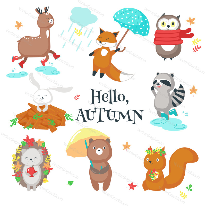 Podzimní sada ikon s roztomilými zvířaty a ahoj podzimní nápisy. Vektorové ilustrace baby jelen liška sova králík mýval ježek medvěd veverka s deštníkem, listy atd. izolovaných na bílém pozadí.