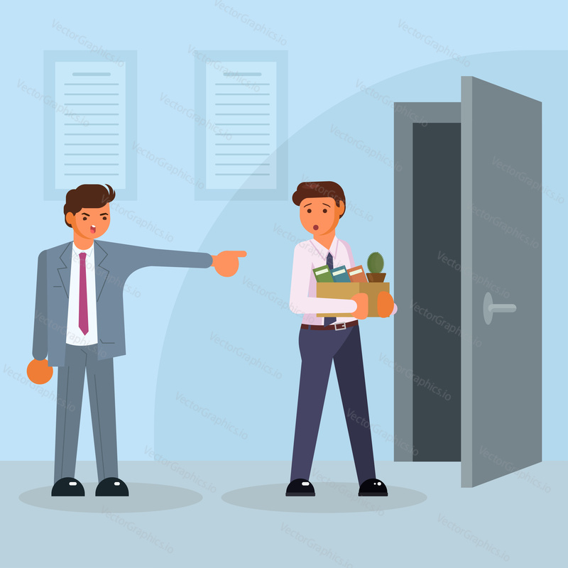 Job losses, unemployment concept vector isolated illustration. Angry boss showing the door to dismissed frustrated man holding box with his personal things. Flat style design.