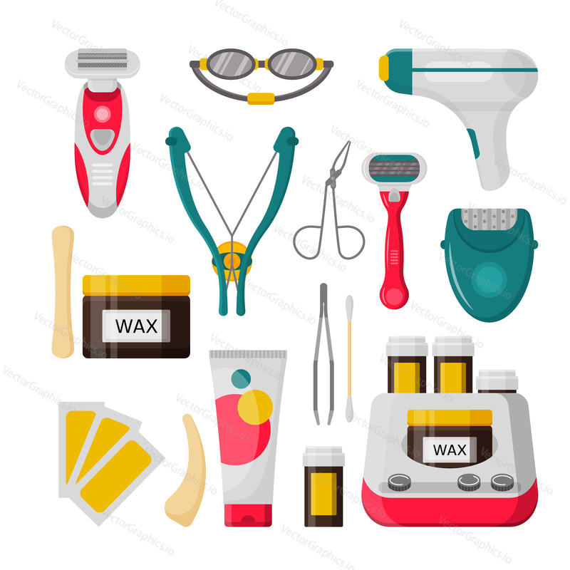 Hair removal icon set. Vector illustration of laser, epilator, depilatory cream, wax strips, bottle of wax, shaving razor, eyebrow tweezers, scissors etc. isolated on white background. Flat style.