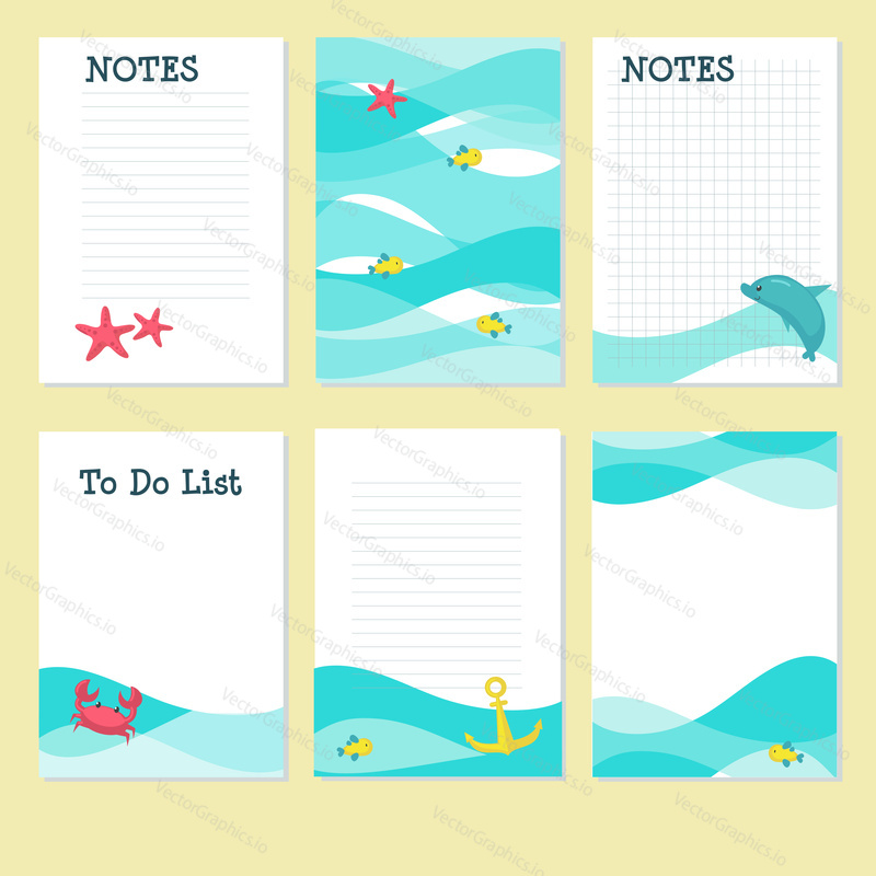 Planner vector template with cute animals dolphin, fish, crab, starfish and marine items. Organizer and schedule with place for notes and To do list.