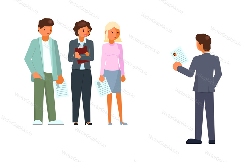 Recruitment process concept vector illustration isolated on white background. Employer with cv announcing candidate for job interview. Flat style design.