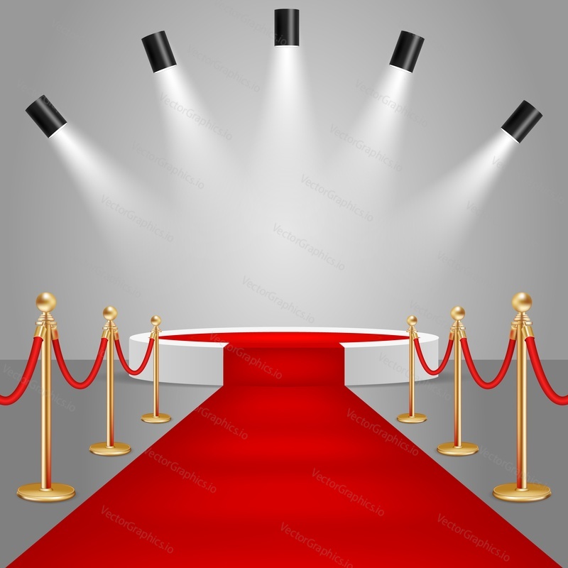Spotlights and white round stage podium with red carpet. Vector realistic illustration. Red carpet event design element.