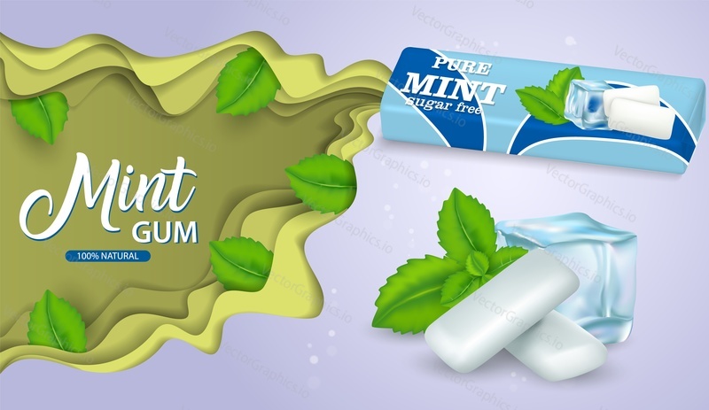 Mint chewing gum vector paper cut poster template. Bubble gum pads, green mint leaves, bubblegum paper package mockup, copy space. Pure mint and sugar free chewing gum ads.