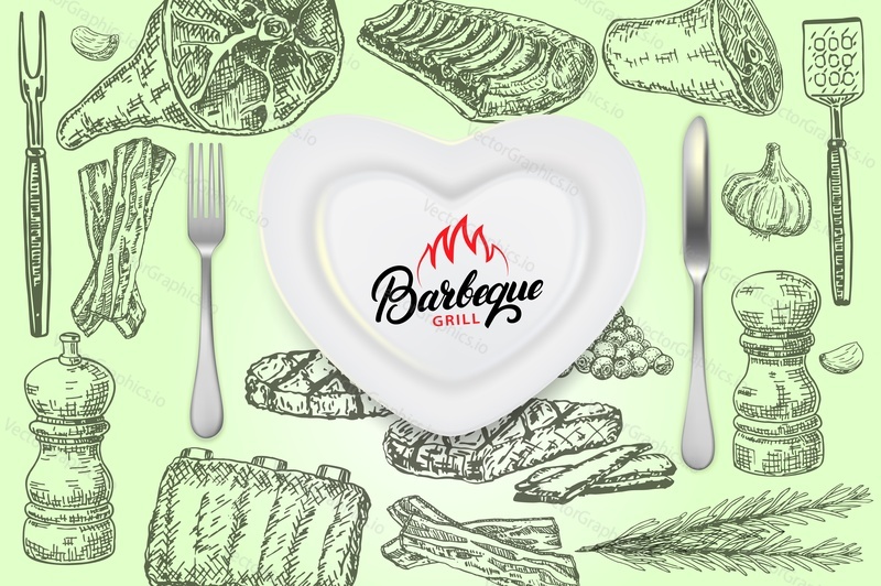 Vintage bbq poster design template. Vector realistic top view plate with knife and fork and ink hand drawn barbeque food meat, spices, herbs.